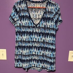 Lilly Pulitzer Blue and White Sail boat Short Sleeve Top nautical navy vacation